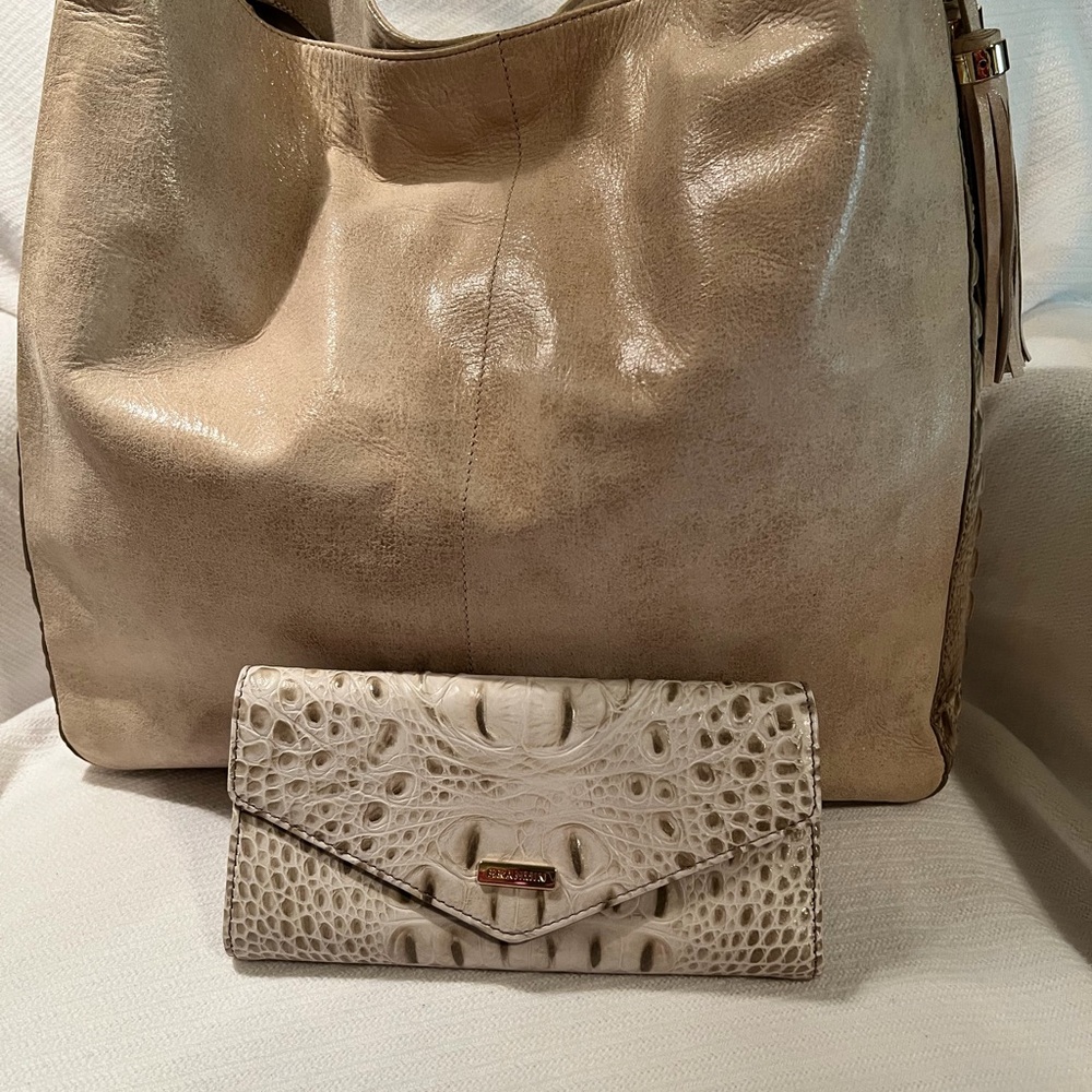 Brahmin Tan Shoulder Bag with Cream Crocodile-Embossed Wallet
